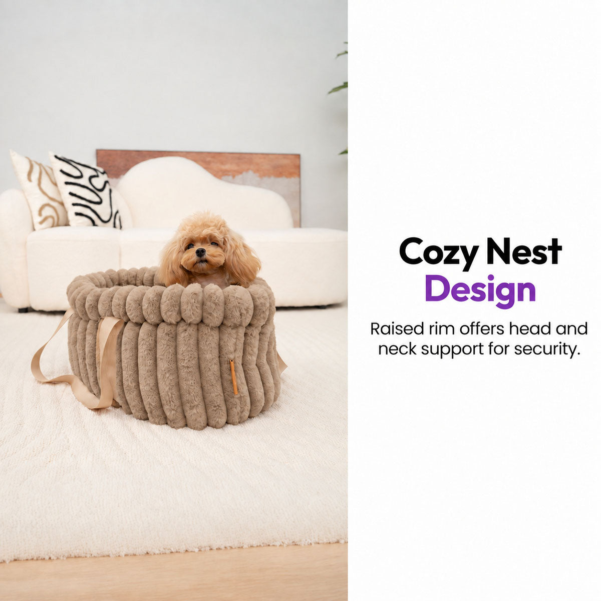 Brown | Corduroy Calming Dog Carrier: Toy poodle in the Brown carrier in a living room, captioned Cozy Nest Design