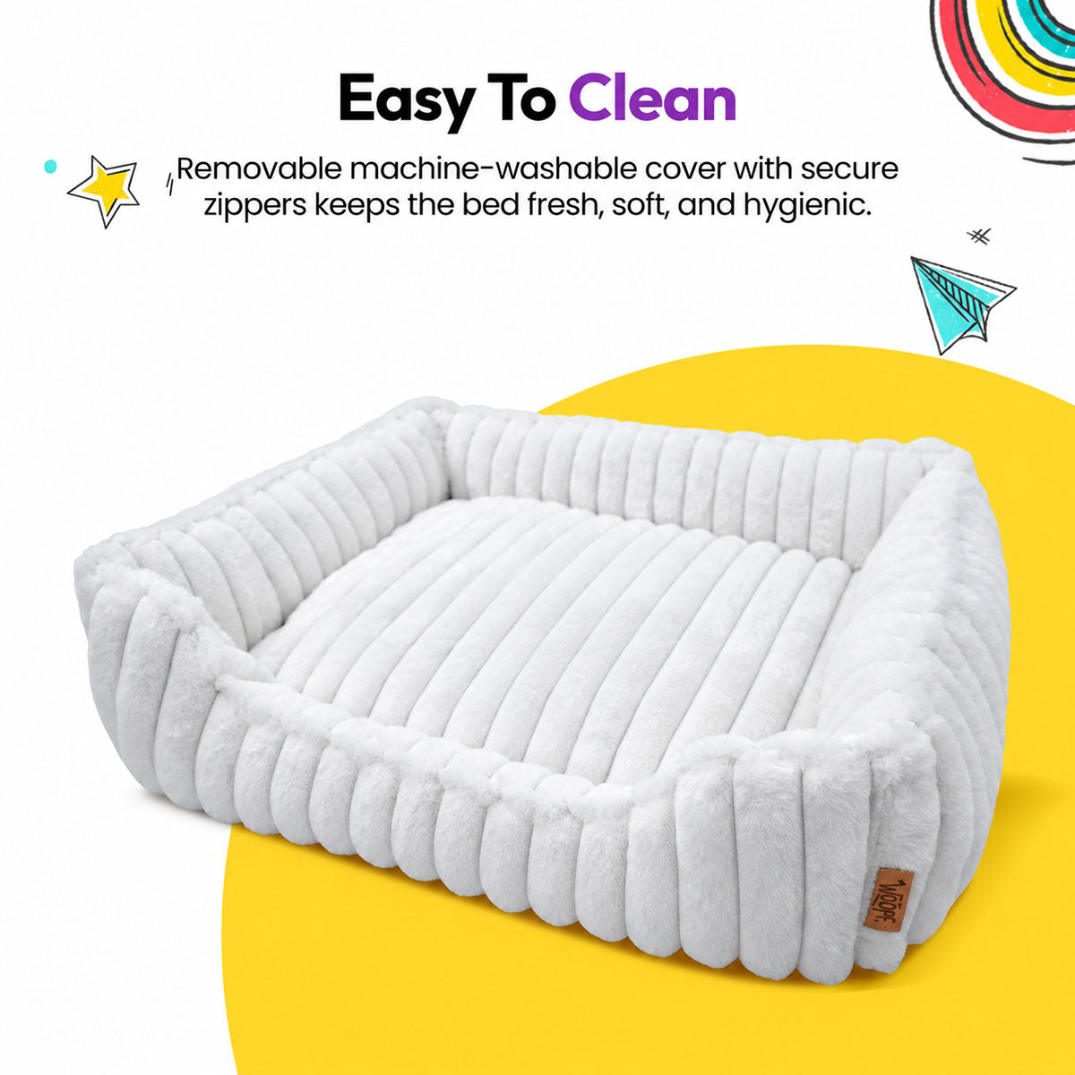 White | Furry Corduroy Open Front Rectangle Bed: The White bed on its own on a yellow graphic card