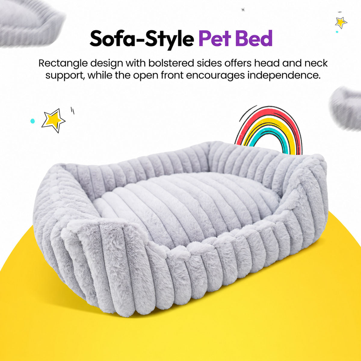 Grey | Furry Corduroy Open Front Rectangle Bed: The Grey bed on its own, headed Sofa-Style Pet Bed