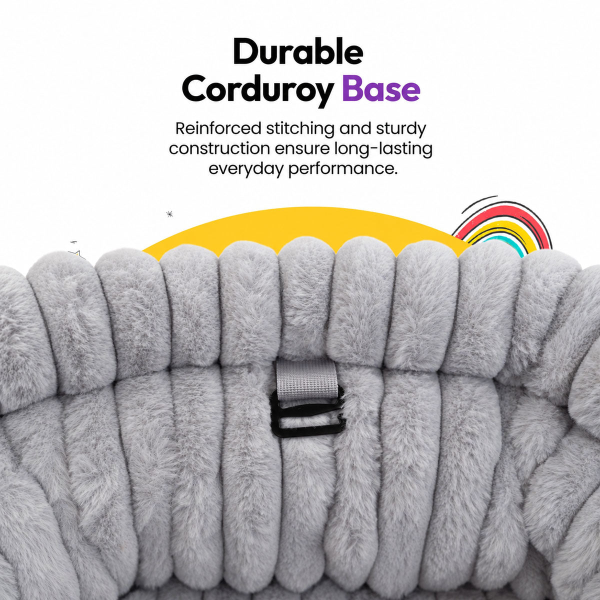 Grey | Corduroy Calming Dog Carrier: Inside of the Grey carrier with its harness clip, headed Durable Corduroy Base