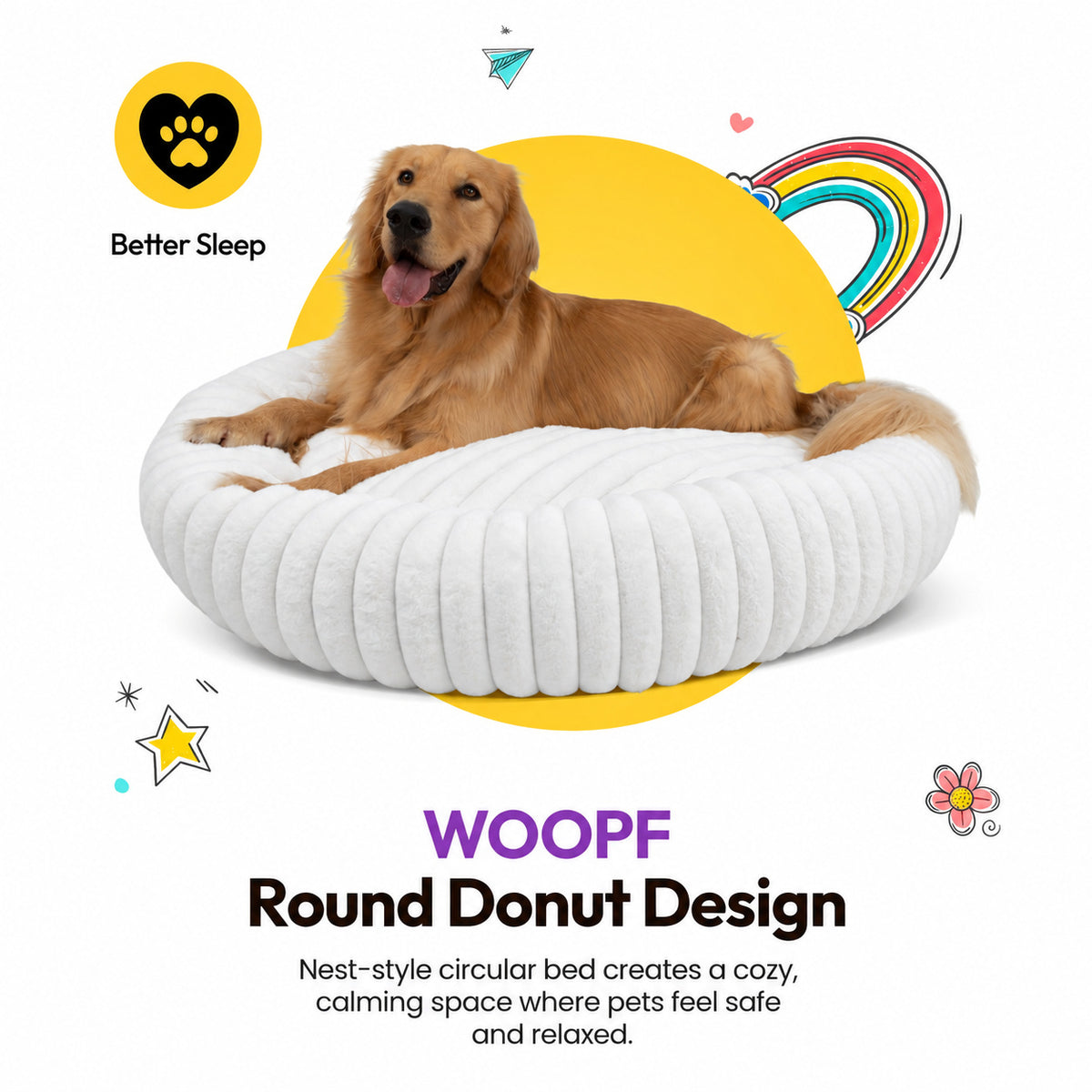 White | Furry Corduroy Round Bed: Golden retriever lying in the White bed, headed WOOPF Round Donut Design
