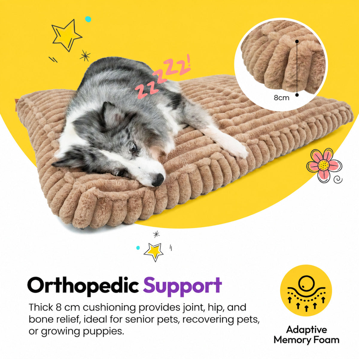 Brown | Furry Corduroy Sleeping Mat: Merle Australian shepherd asleep on the Brown mat, with a close-up marking the 8 cm edge