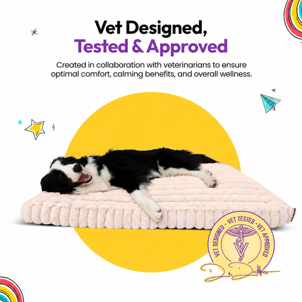 Pale pink | Furry Corduroy Sleeping Mat: Border collie lying on the Pale pink mat beside a round seal, on a yellow graphic card