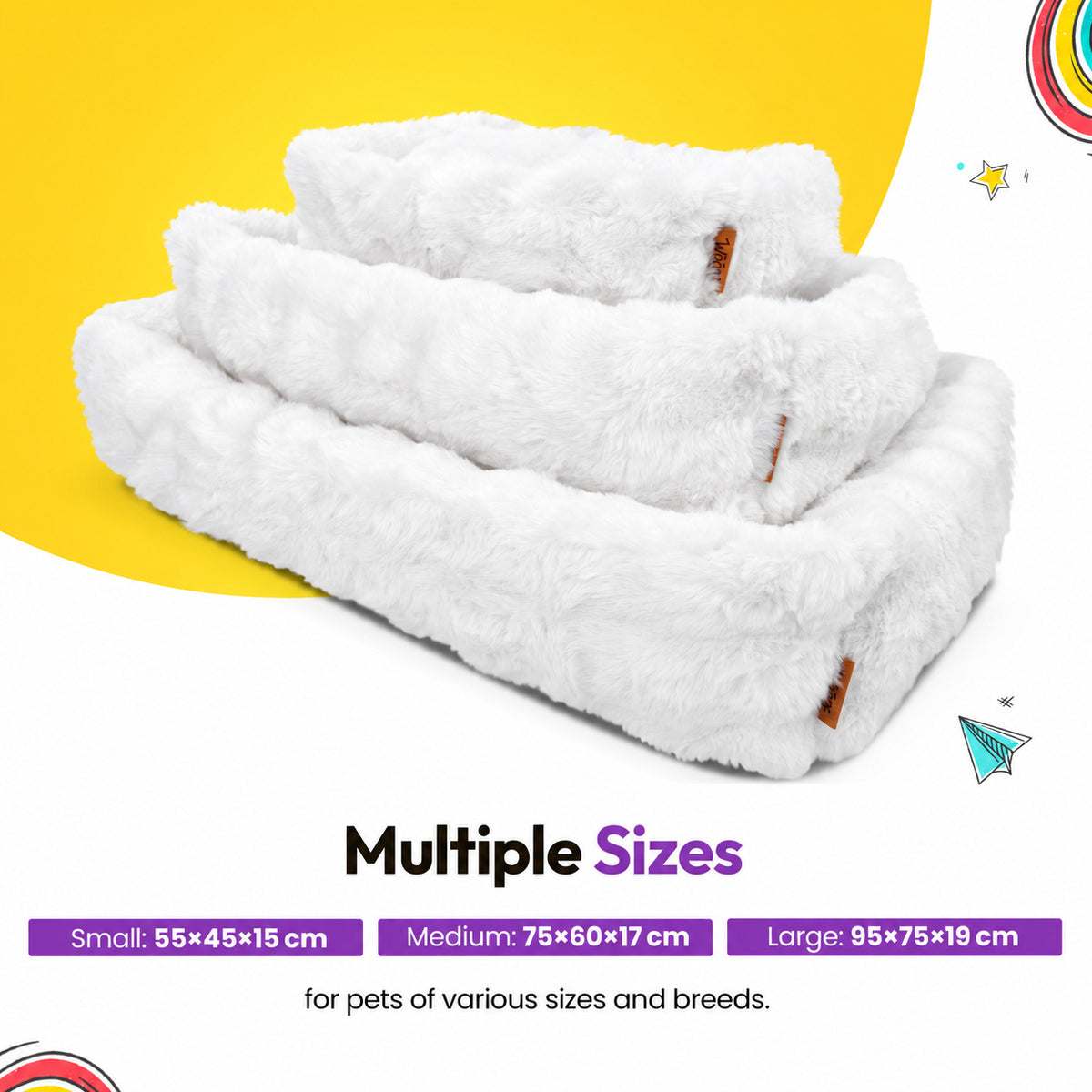 White | Furry Curves Rectangle Bed: The White bed in Small, Medium and Large stacked, headed Multiple Sizes