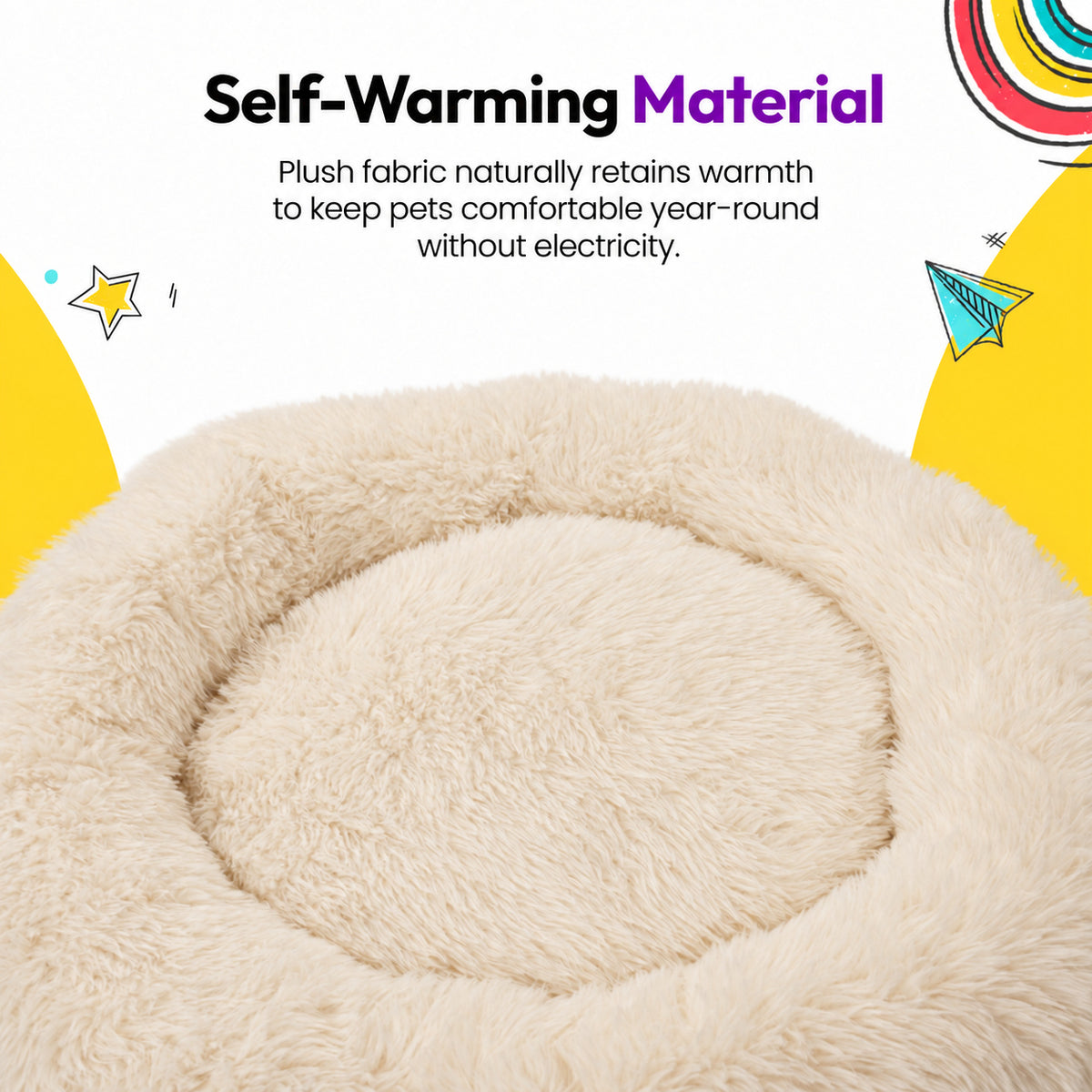 Cream | Fluffy Shag Calming Round Bed: Close-up of the Cream bed's pile, headed Self-Warming Material