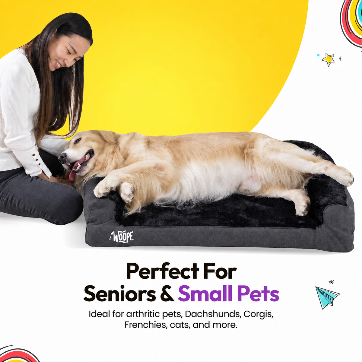 Black | SNÖR Orthopedic Bed: Golden retriever on the Black bed, headed Perfect For Seniors & Small Pets
