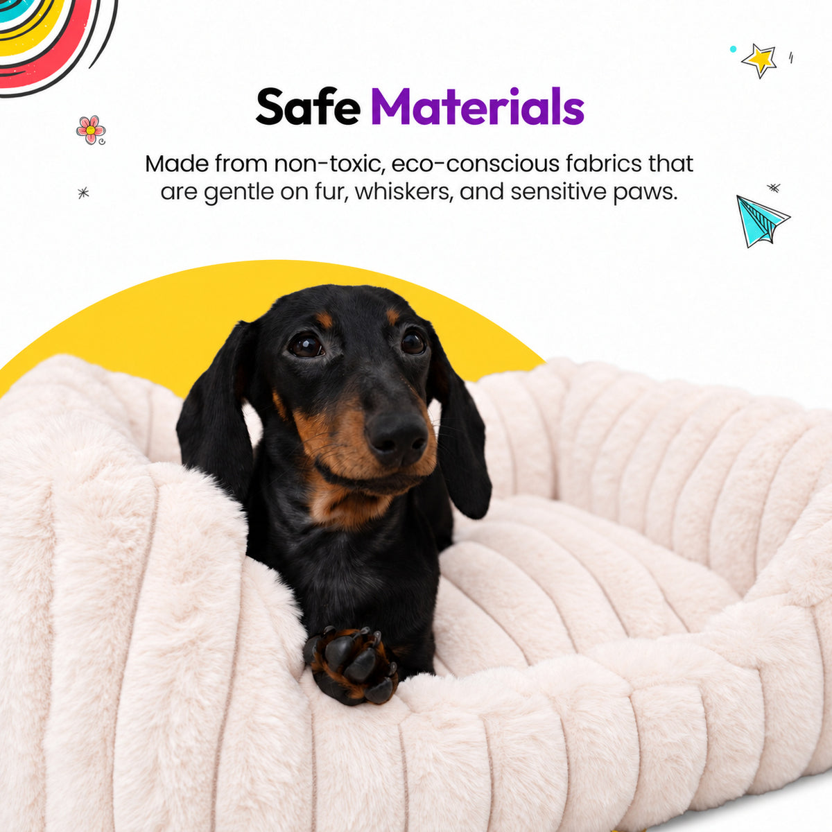 Pale pink | Furry Corduroy Open Front Rectangle Bed: Close-up of a dachshund lying in the Pale pink bed on a yellow graphic card