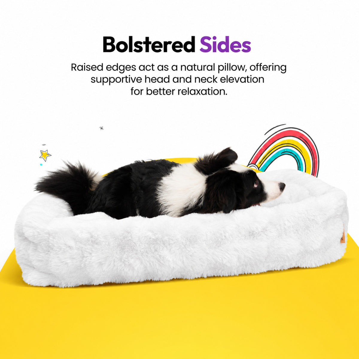 White | Furry Curves Rectangle Bed: Border collie in the White bed, headed Bolstered Sides
