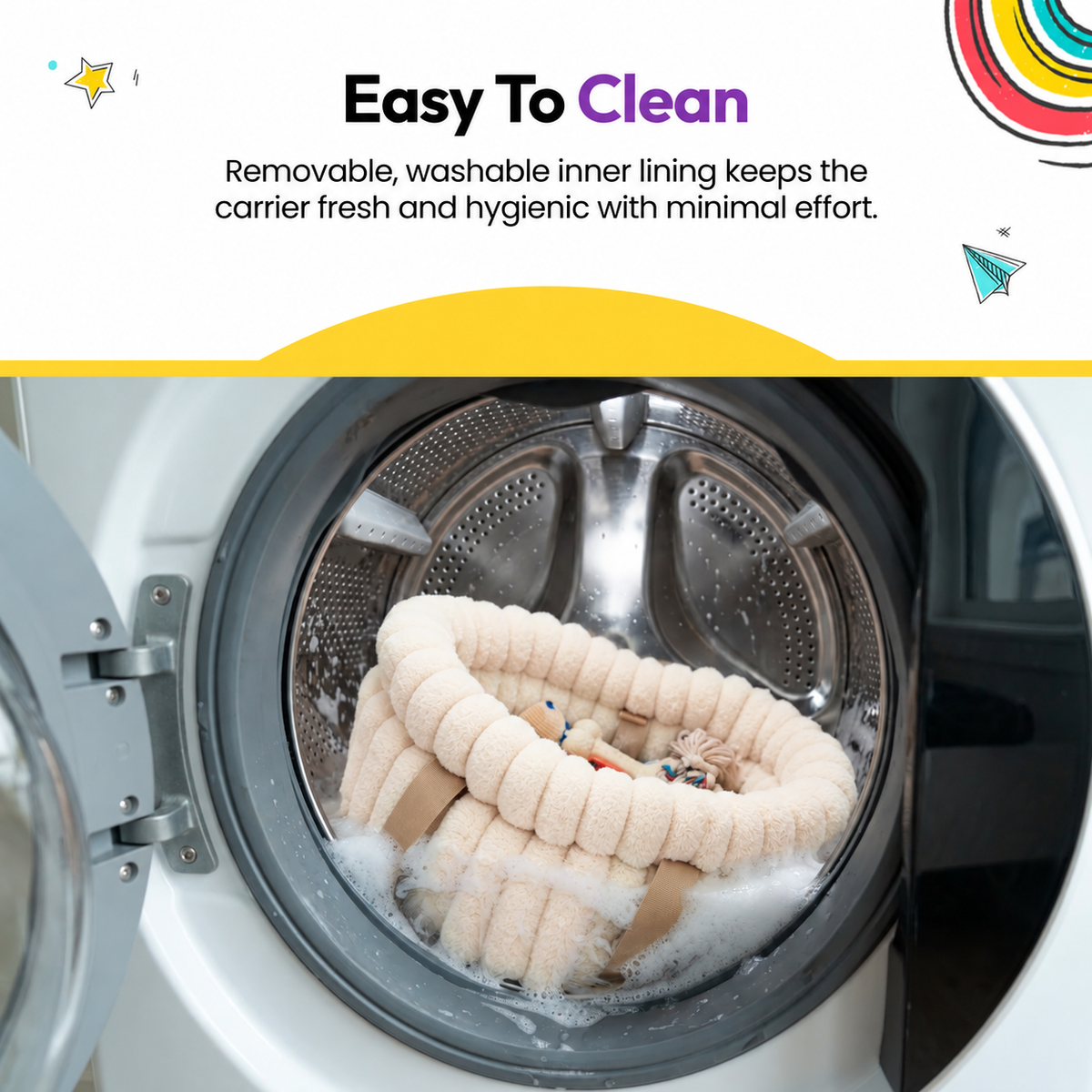 Pale pink | Corduroy Calming Dog Carrier: The Pale pink carrier in a washing machine on a graphic card