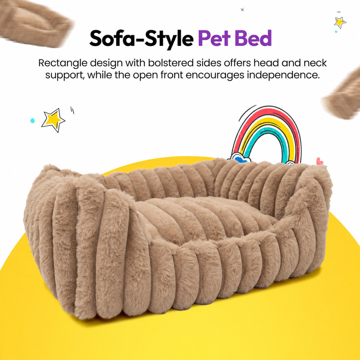 Brown | Furry Corduroy Open Front Rectangle Bed: The Brown bed on its own, headed Sofa-Style Pet Bed