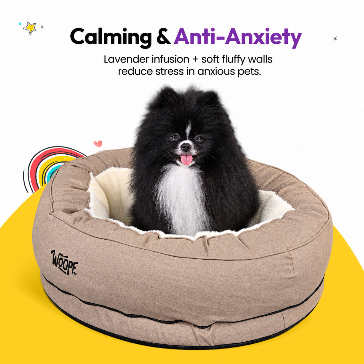 Cream | NÄP Orthopedic Bed: Pomeranian in the Cream bed, headed Calming & Anti-Anxiety