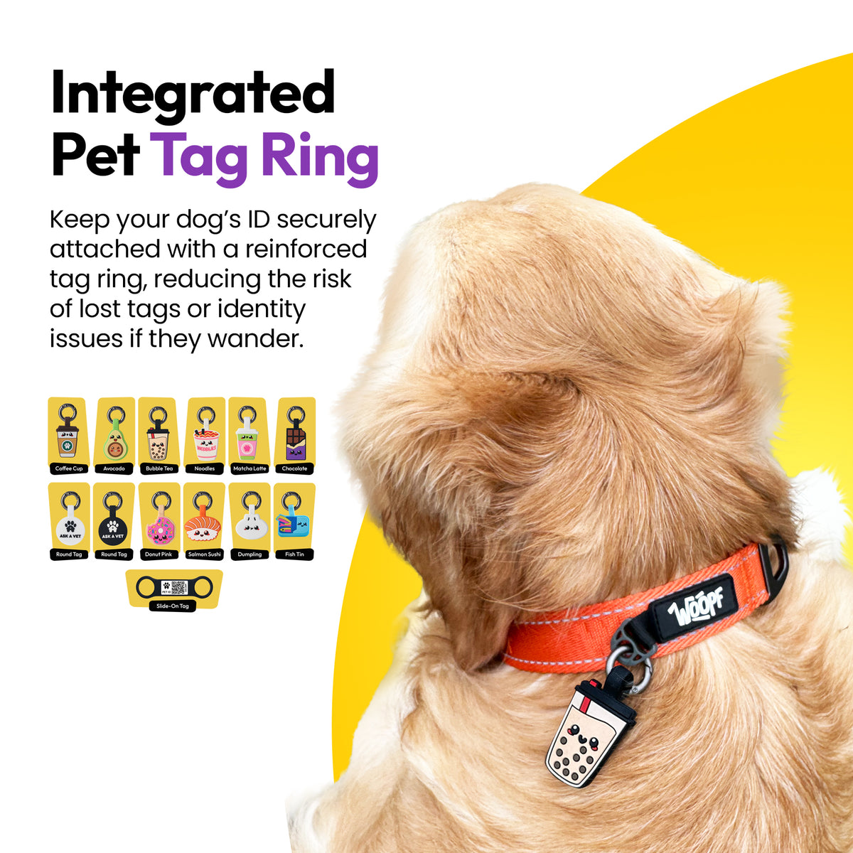 Yellow | Explorer Collar: Golden retriever wearing the Yellow collar with an ID tag on the tag ring, on a card headed Integrated Pet Tag Ring