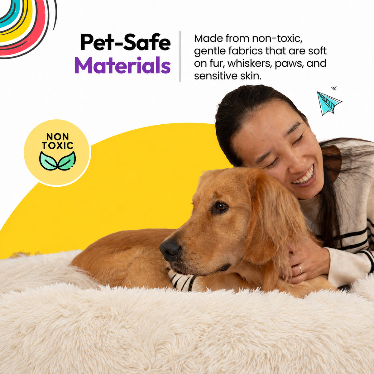 Cream | Fluffy Shag Calming Round Bed: Woman hugging a golden retriever lying in the Cream bed, on a yellow graphic card