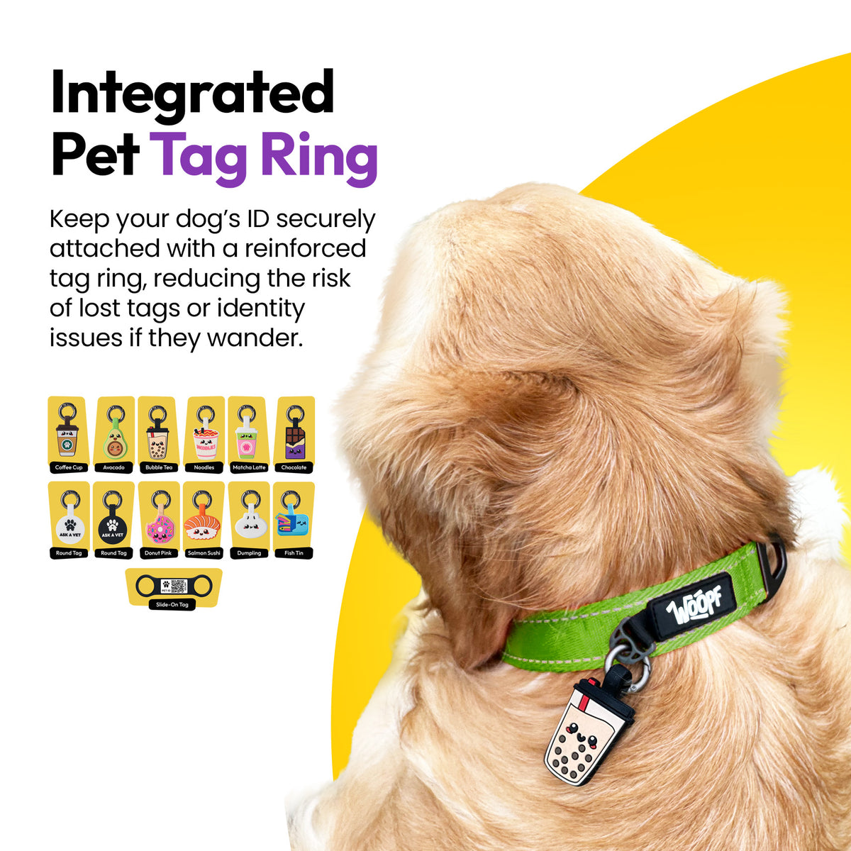 Green | Explorer Collar: Golden retriever wearing the Green collar with an ID tag on the tag ring, on a card headed Integrated Pet Tag Ring