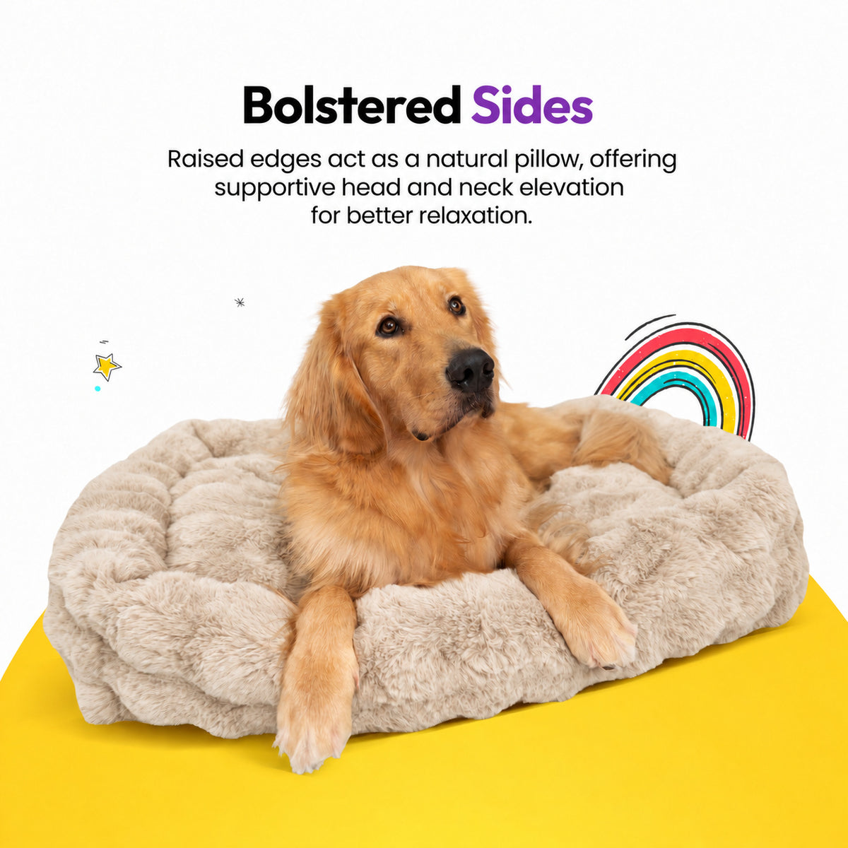 Cream | Furry Curves Rectangle Bed: Golden retriever in the Cream bed, headed Bolstered Sides