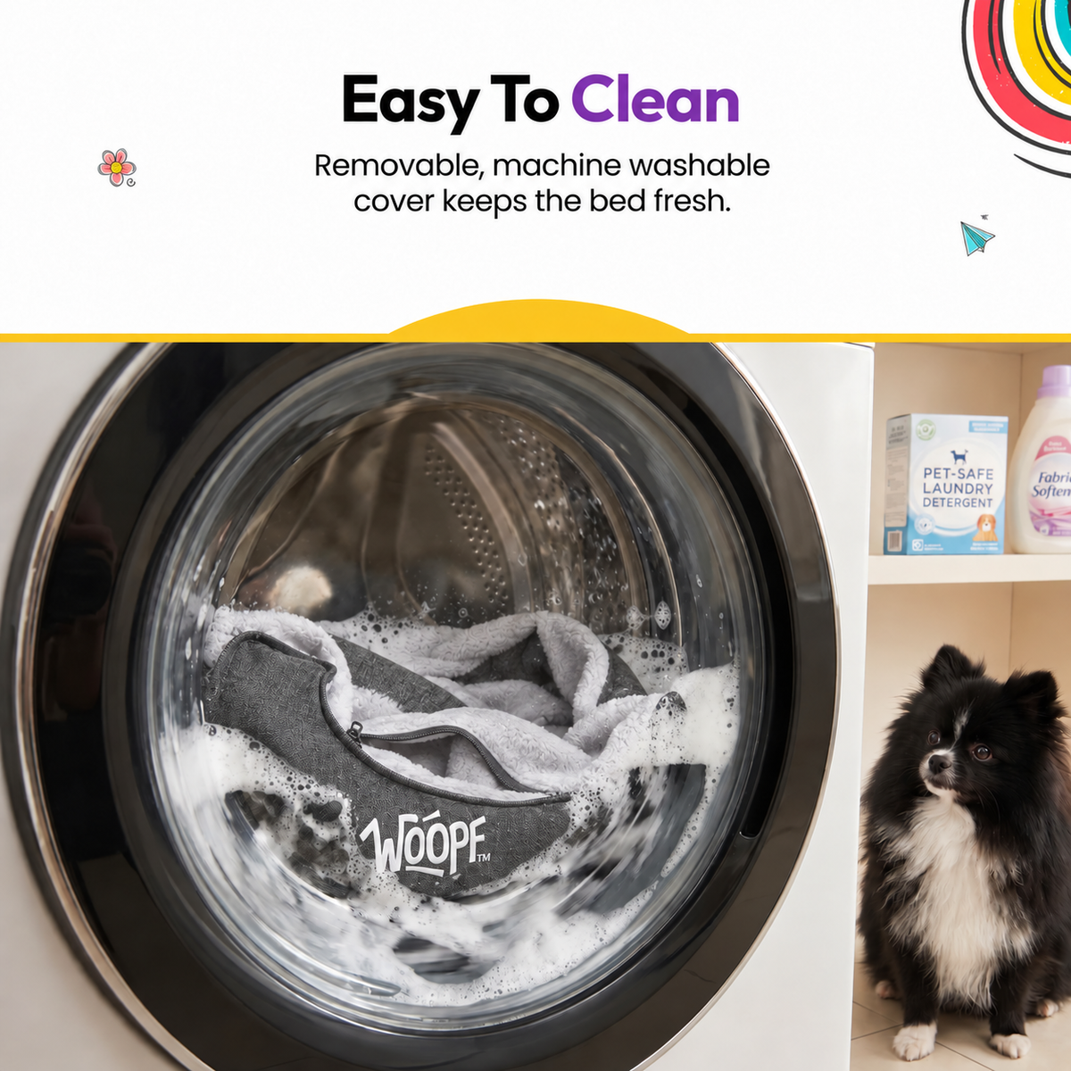 Grey | SNÖR Orthopedic Bed: The Grey bed's cover in a washing machine, headed Easy To Clean