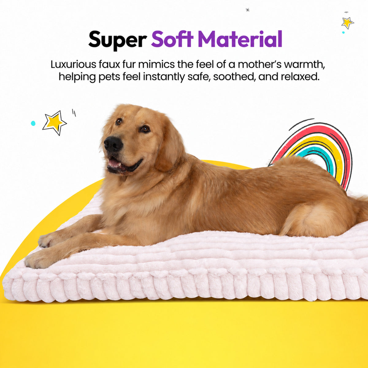 Pale pink | Furry Corduroy Sleeping Mat: Golden retriever lying on the Pale pink mat on a yellow graphic card with a rainbow