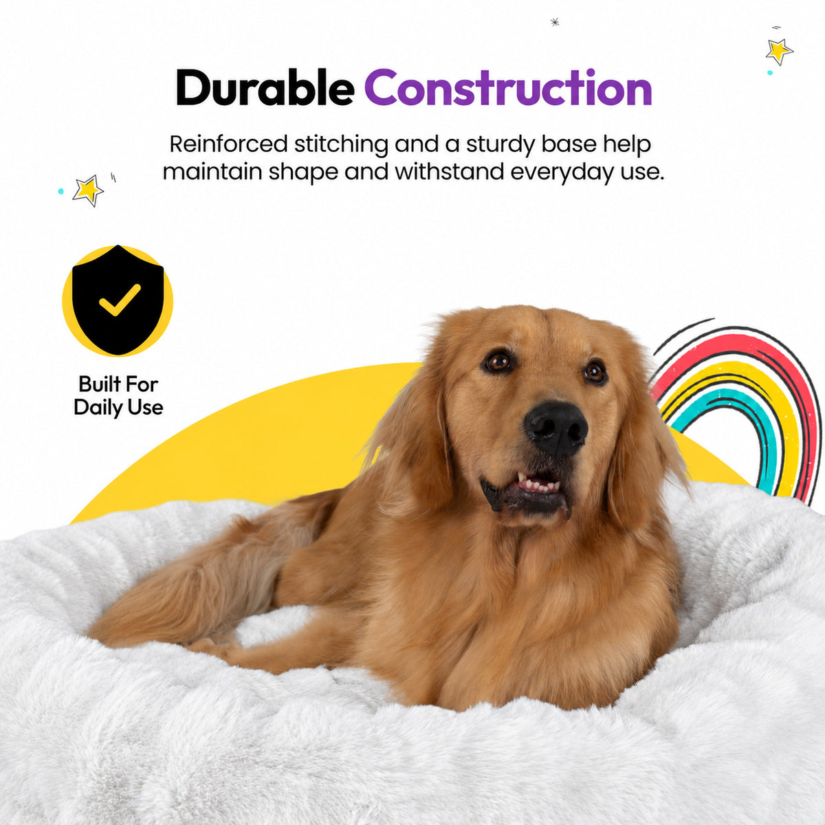 White | Furry Curves Round Bed: Durable construction: a golden retriever lying on the White round bed