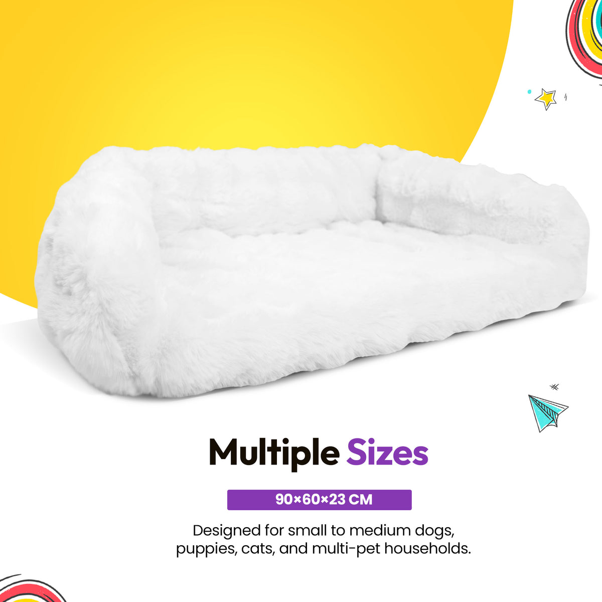 White | Furry Curves Open Front Rectangle Bed: The White bed at 90 x 60 x 23 cm, for small to medium dogs, puppies and cats