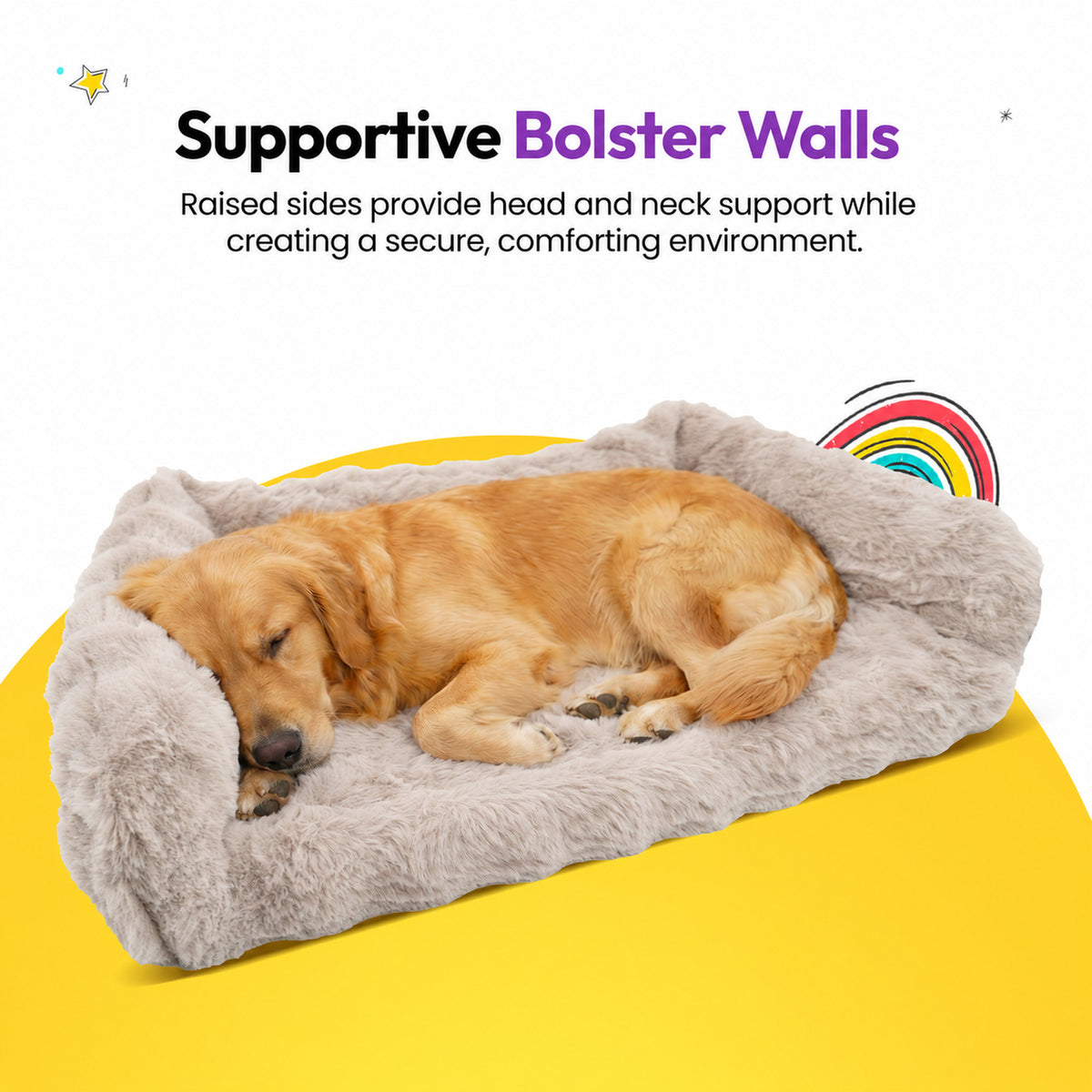 Cream | Furry Curves Open Front Rectangle Bed: Supportive bolster walls: a golden dog asleep in the Cream bed