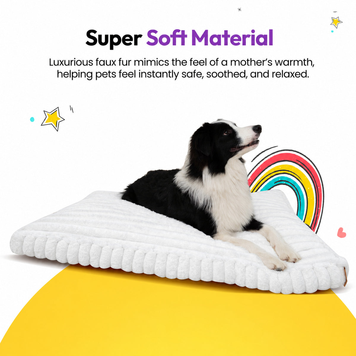 White | Furry Corduroy Sleeping Mat: Border collie lying on the White mat on a yellow graphic card with a rainbow