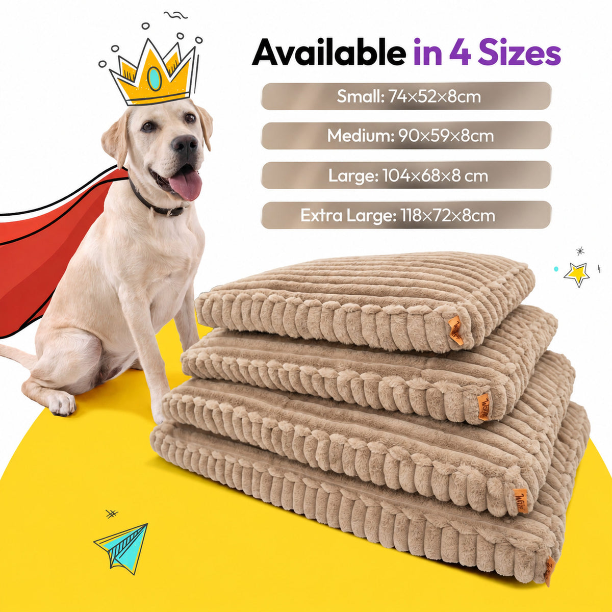 Brown | Furry Corduroy Sleeping Mat: Labrador puppy in a red cape beside four Brown mats stacked by size, labelled Small to Extra Large