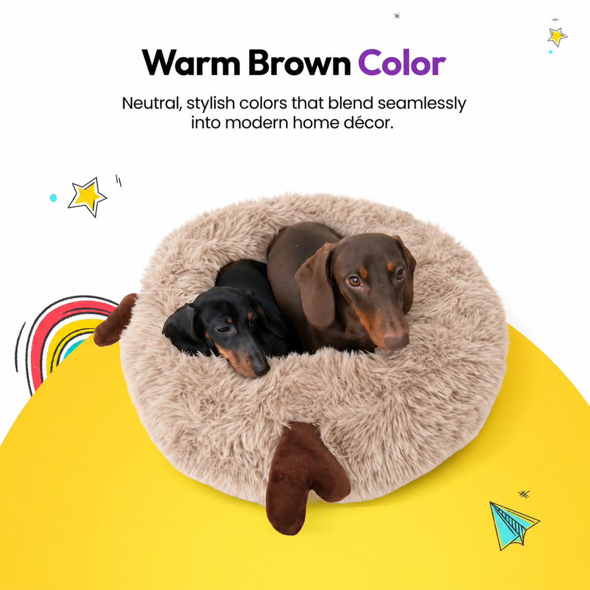 Cream | Fluffy Shag Calming Round Bed with Antlers: Two dachshunds lying in the bed on a yellow graphic card, headed Warm Brown Color