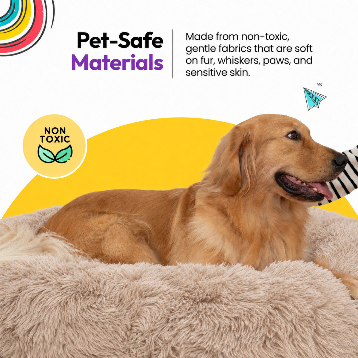 Brown | Fluffy Shag Calming Round Bed: Golden retriever lying in the Brown bed beside a woman's hand, on a yellow graphic card