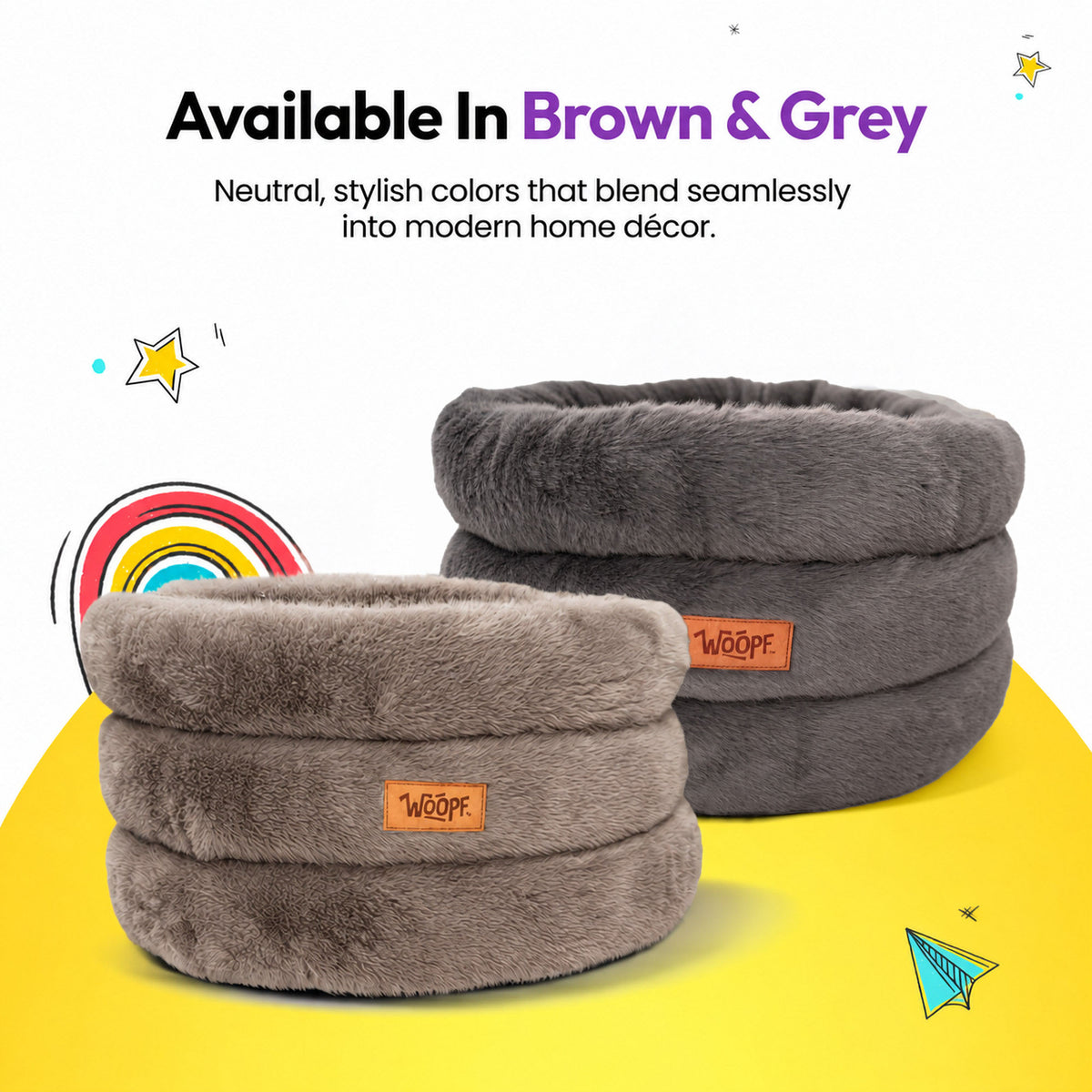 Brown | Furry Range Round Bed: A Brown bed and a Grey bed side by side, headed Available In Brown & Grey