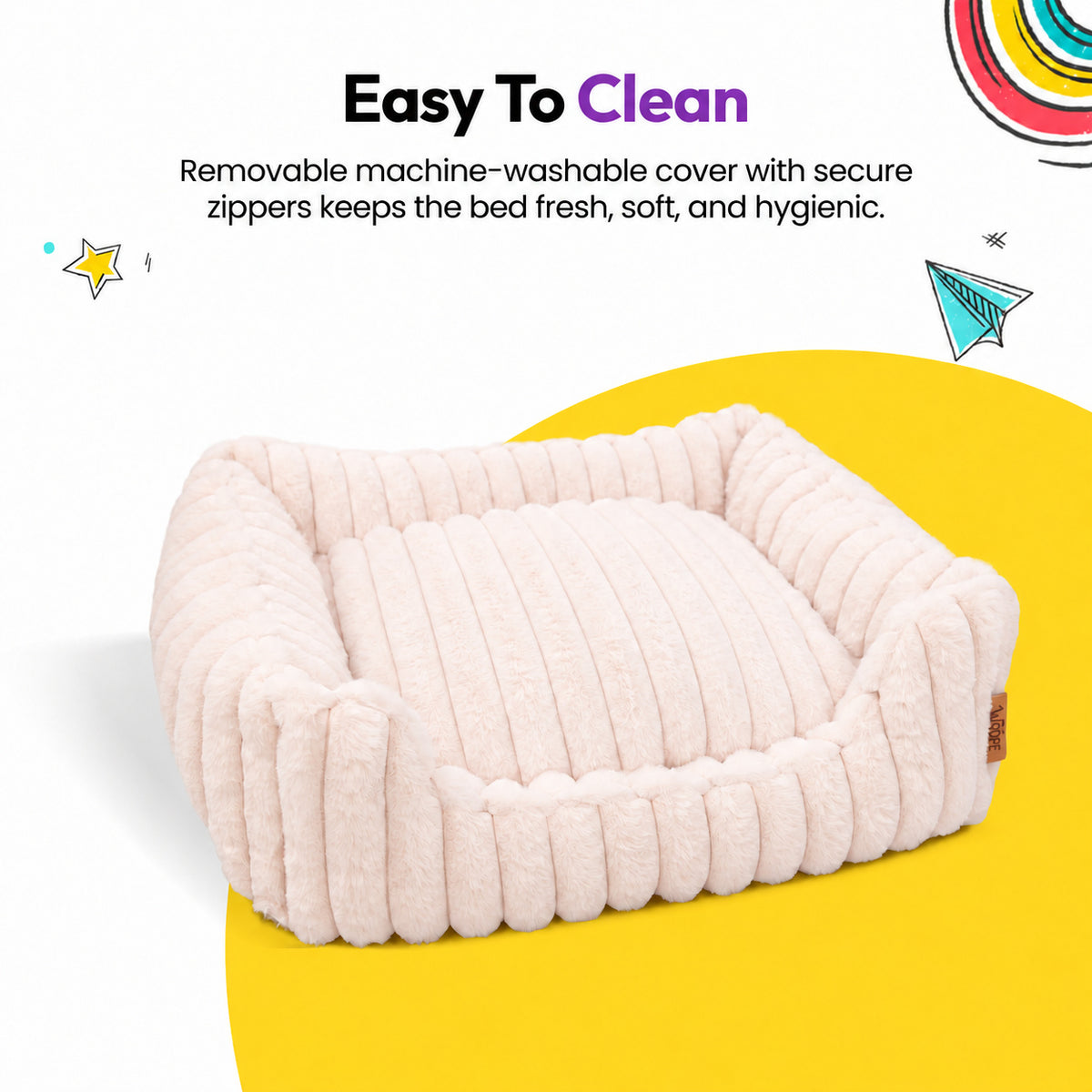 Pale pink | Furry Corduroy Open Front Rectangle Bed: The Pale pink bed on its own on a yellow graphic card