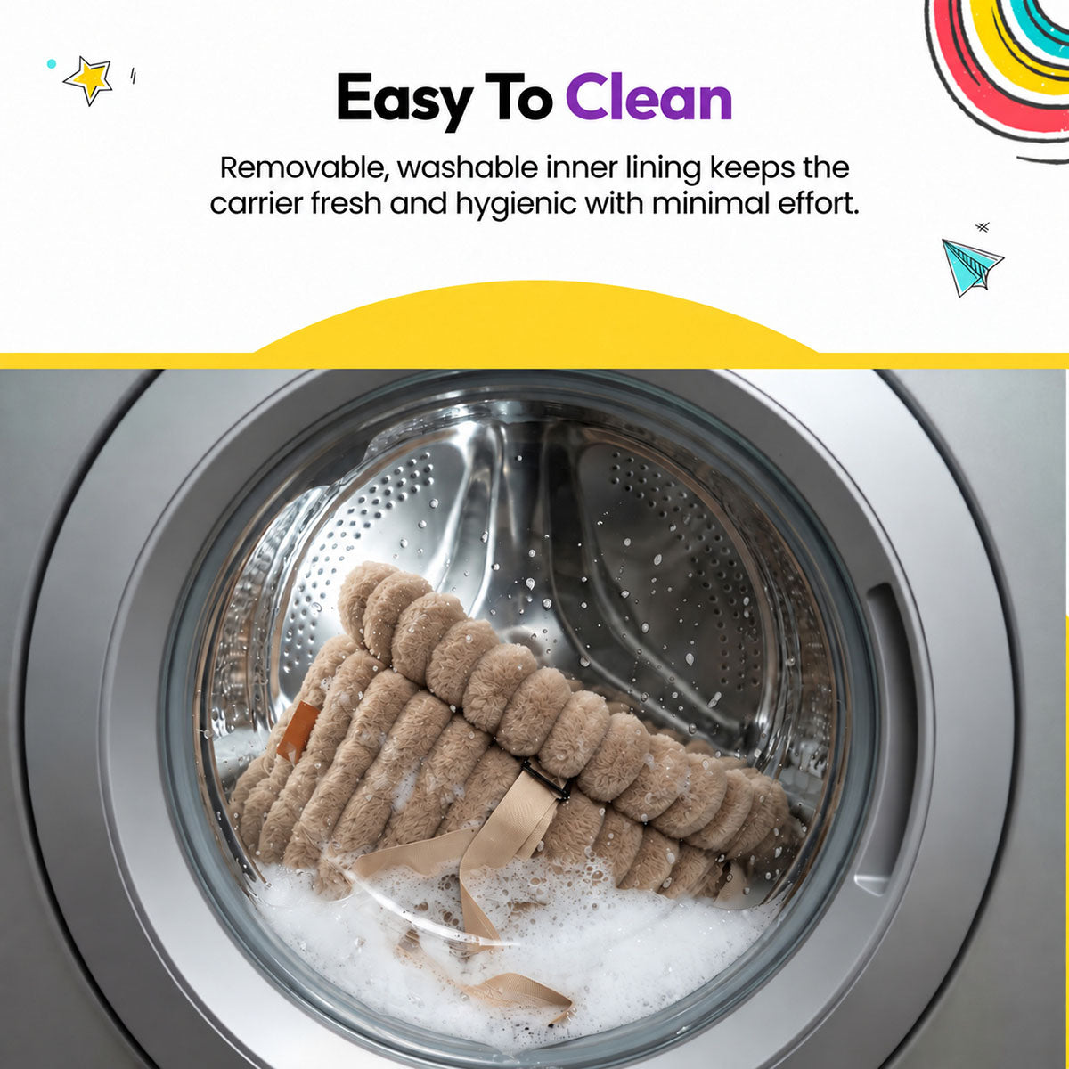 Brown | Corduroy Calming Dog Carrier: The Brown carrier in a washing machine on a graphic card