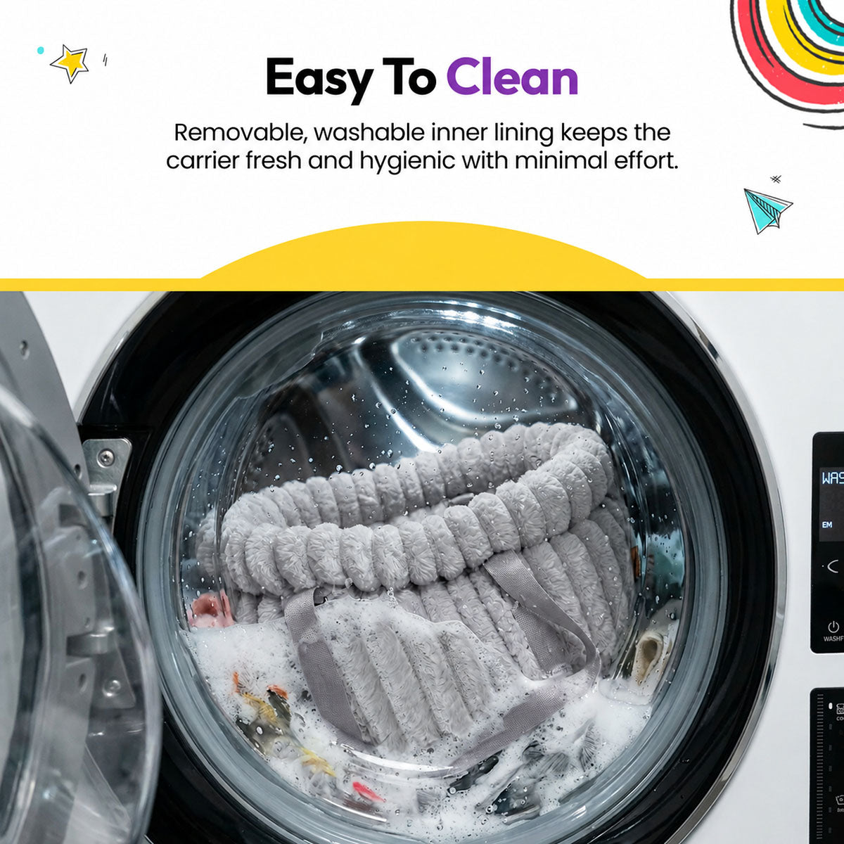 Grey | Corduroy Calming Dog Carrier: The Grey carrier in a washing machine on a graphic card