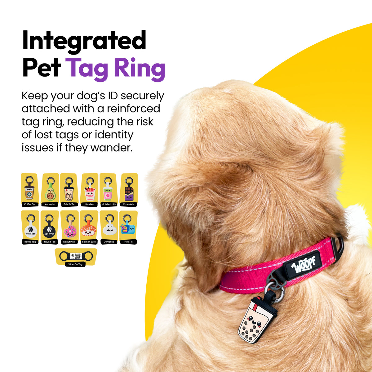 Pink | Explorer Collar: Golden retriever wearing the Pink collar with an ID tag on the tag ring, on a card headed Integrated Pet Tag Ring