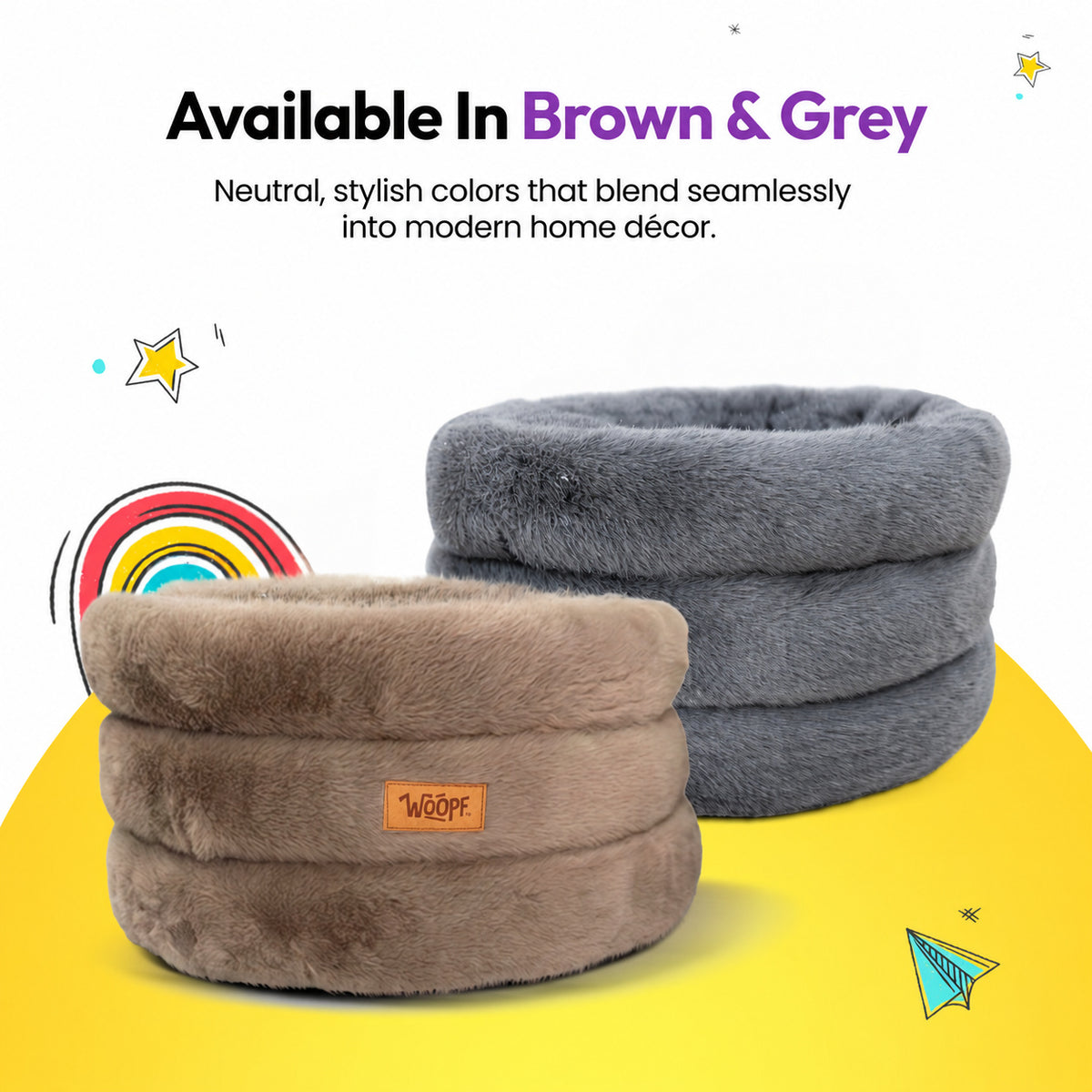 Grey | Furry Range Round Bed: A Brown bed and a Grey bed side by side, headed Available In Brown & Grey