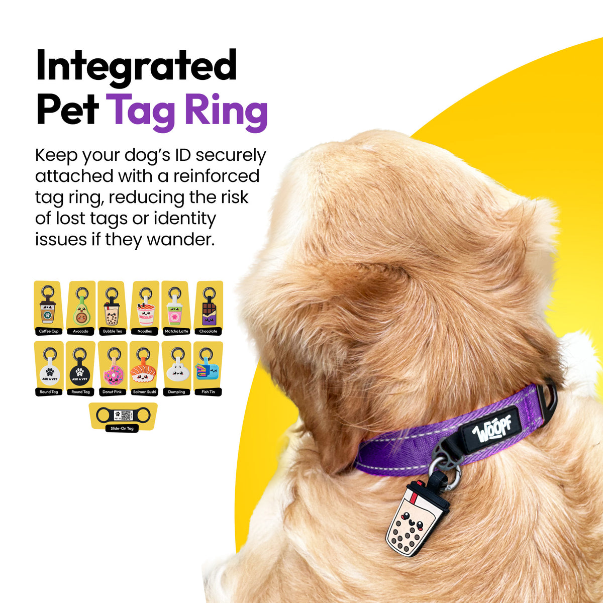 Purple | Explorer Collar: Golden retriever wearing the Purple collar with an ID tag on the tag ring, on a card headed Integrated Pet Tag Ring