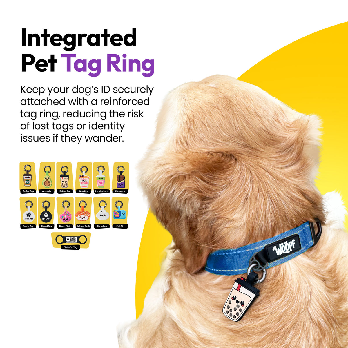 Blue | Explorer Collar: Golden retriever wearing the Blue collar with an ID tag on the tag ring, on a card headed Integrated Pet Tag Ring