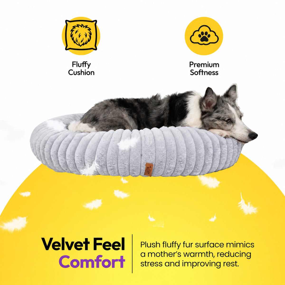 Grey | Furry Corduroy Round Bed: Merle dog lying in the Grey bed on a yellow graphic card