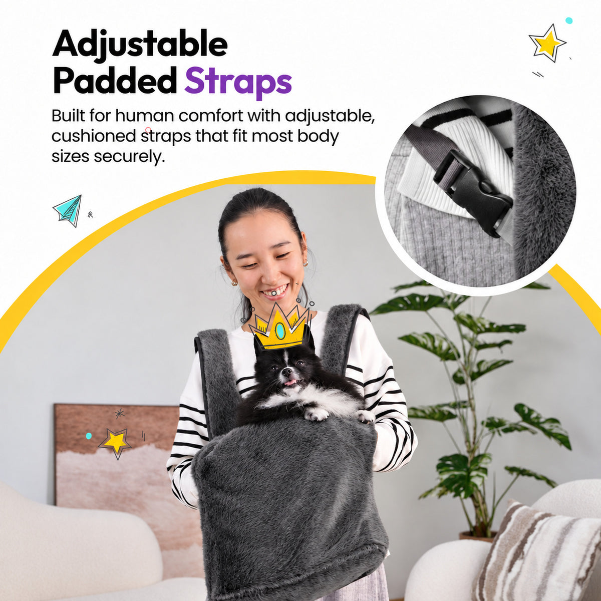 Grey | Furry Range Puppy Pouch: Adjustable padded straps: a woman wearing the Grey Puppy Pouch