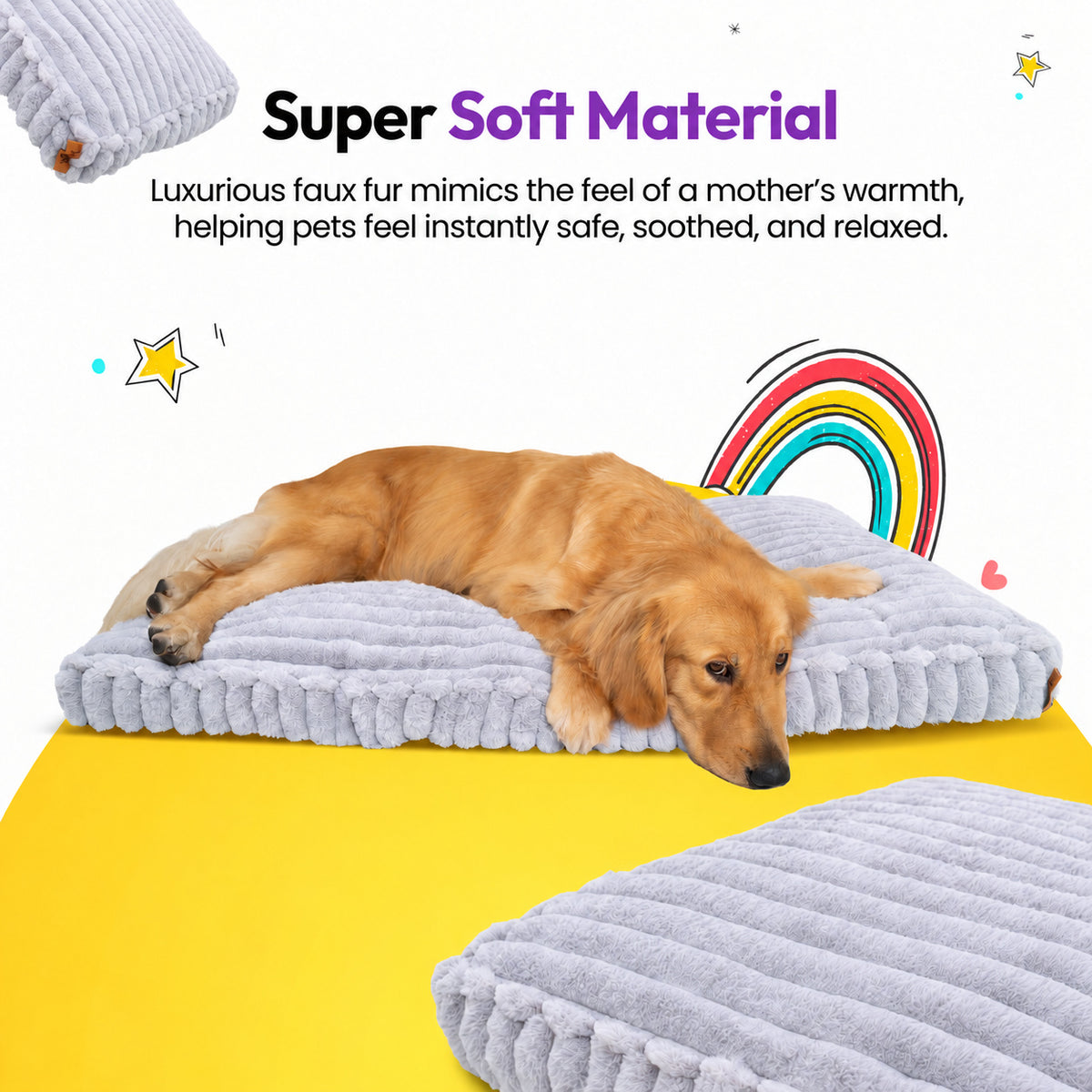 Grey | Furry Corduroy Sleeping Mat: Golden retriever lying on the Grey mat on a yellow graphic card with a rainbow