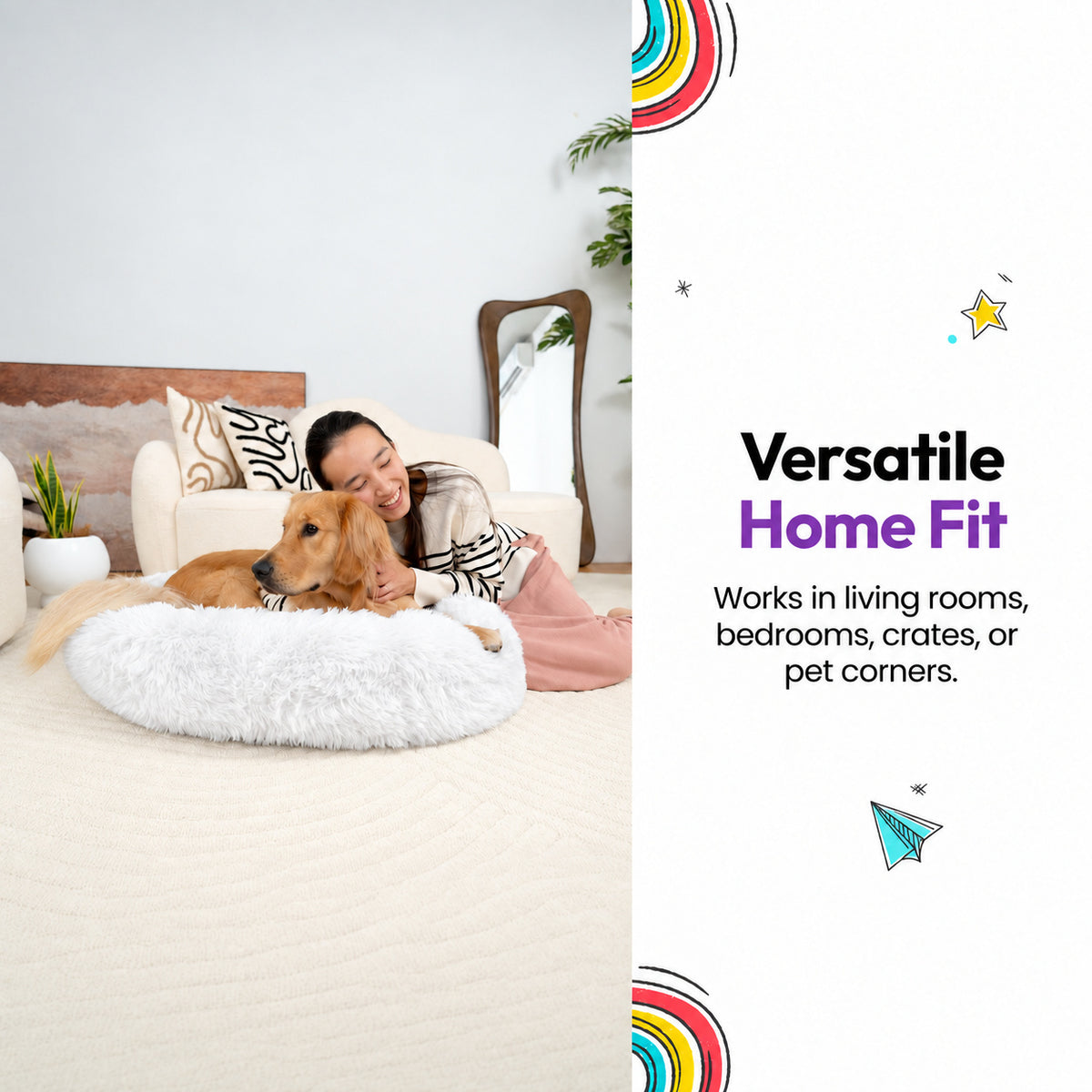 White | Fluffy Shag Calming Round Bed: Woman lying beside a golden retriever in the White bed, captioned Versatile Home Fit