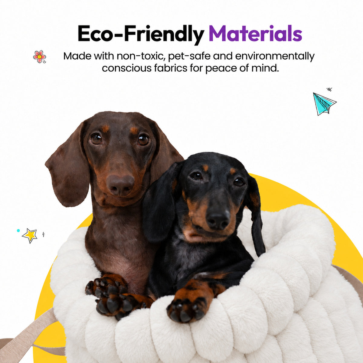 White | Corduroy Calming Dog Carrier: Close-up of two dachshunds in the White carrier on a yellow graphic card