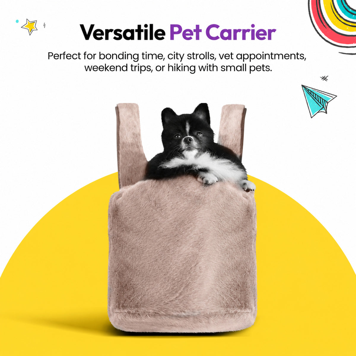 Brown | Furry Range Puppy Pouch: Versatile pet carrier: a small black and white dog in the Brown Puppy Pouch