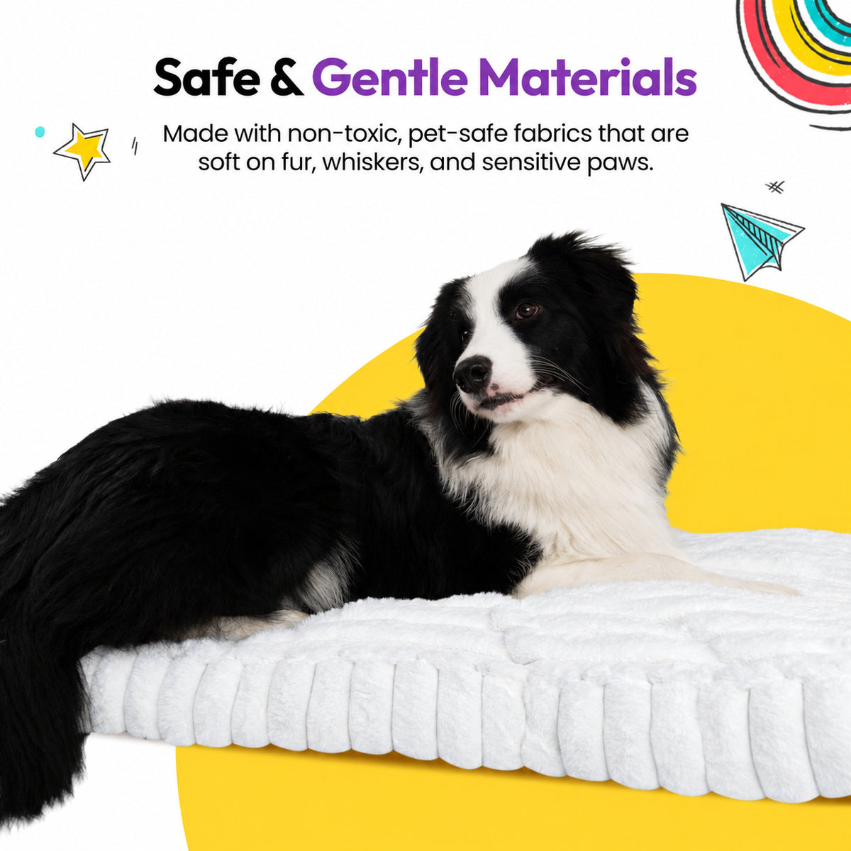 White | Furry Corduroy Sleeping Mat: Border collie lying on the White mat on a yellow graphic card