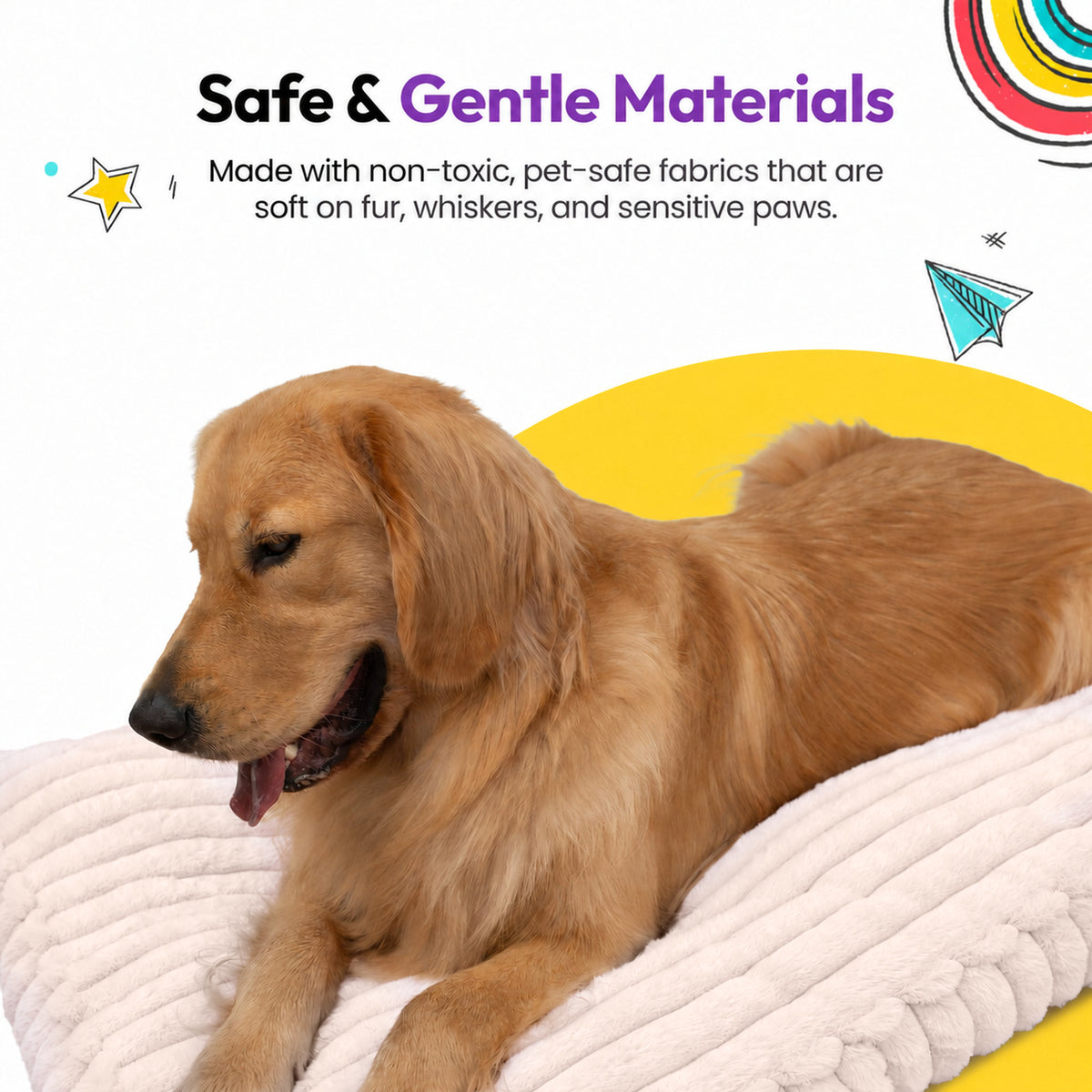 Pale pink | Furry Corduroy Sleeping Mat: Close-up of a golden retriever lying on the Pale pink mat on a yellow graphic card