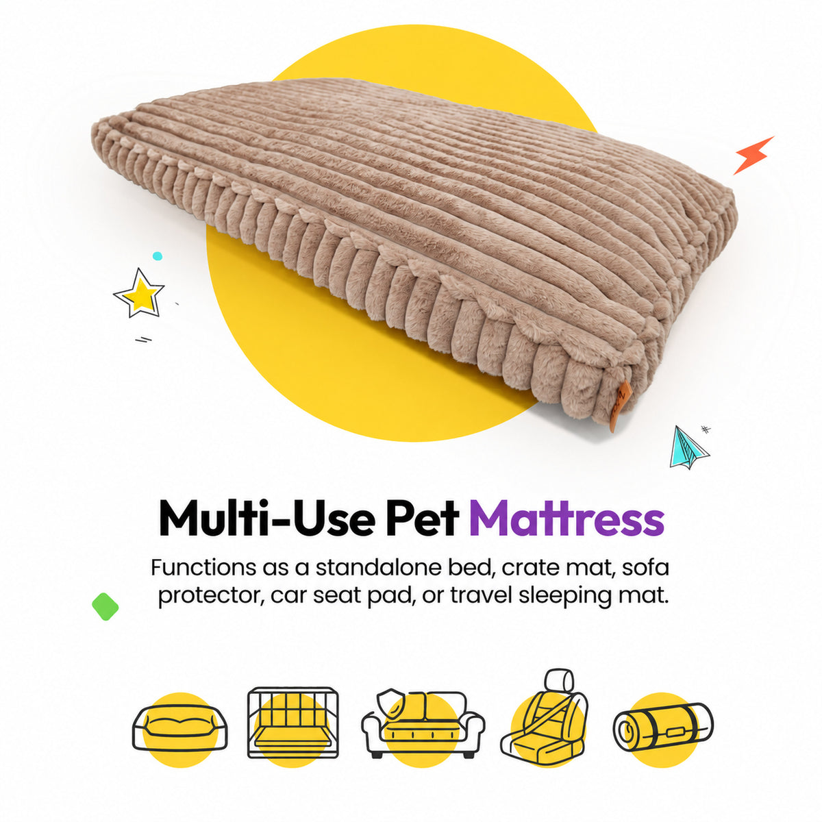 Brown | Furry Corduroy Sleeping Mat: The Brown mat on a card headed Multi-Use Pet Mattress, with icons for a bed, crate, sofa, car seat and travel mat
