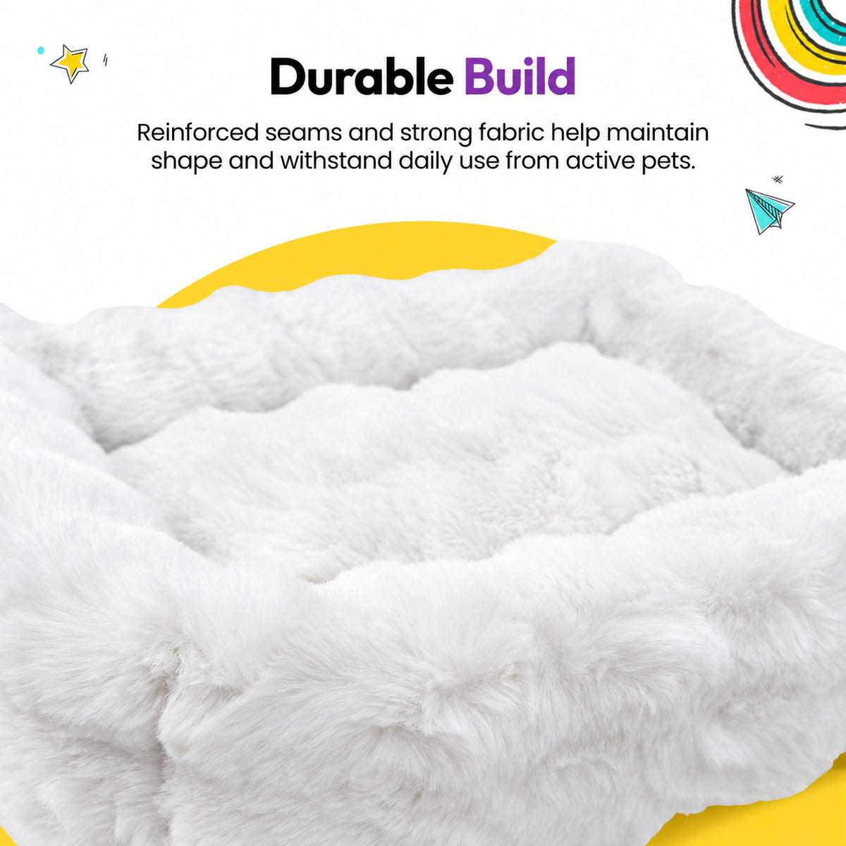 White | Furry Curves Rectangle Bed: Close-up of the White bed's fur, headed Durable Build