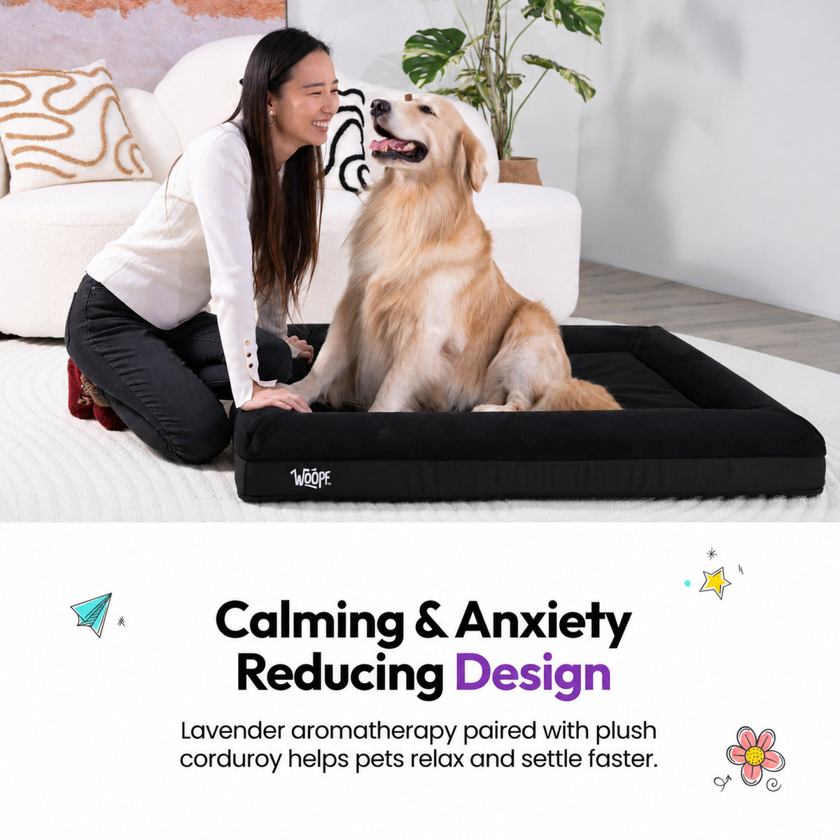 Black | SNÜZ Orthopedic Suede Bed: Golden retriever on the Black bed, headed Calming and anxiety