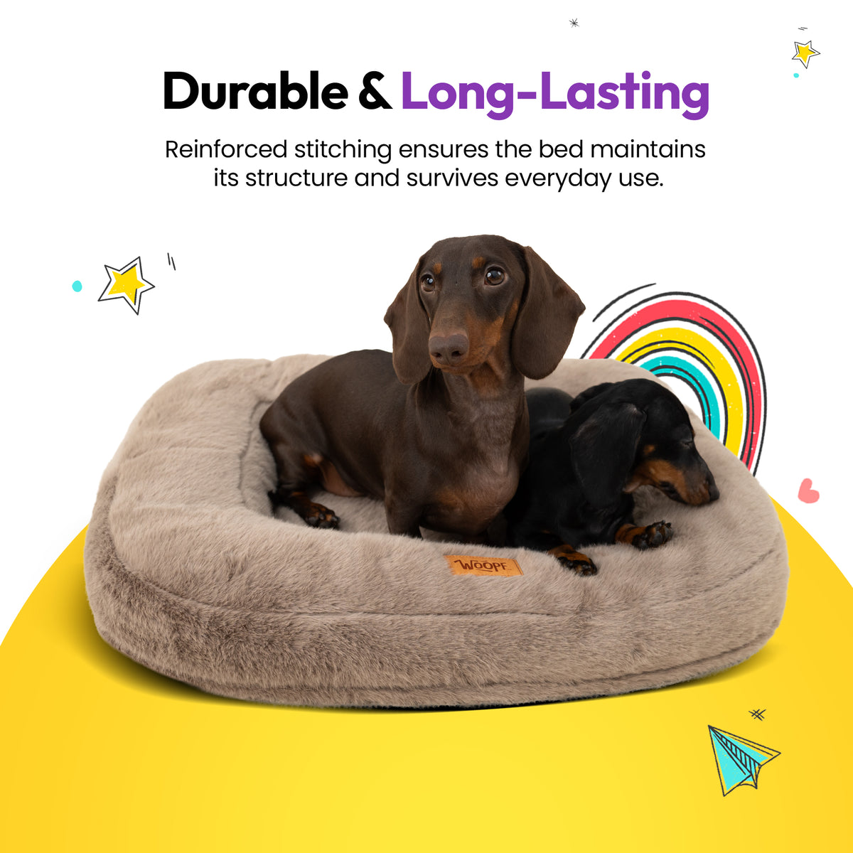 Brown | Furry Range Rectangle Bed: Two dachshunds lying in the Brown bed on a yellow graphic card with a rainbow
