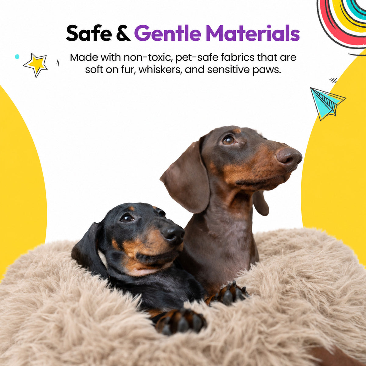 Cream | Fluffy Shag Calming Round Bed with Antlers: Two dachshunds lying in the bed on a yellow graphic card