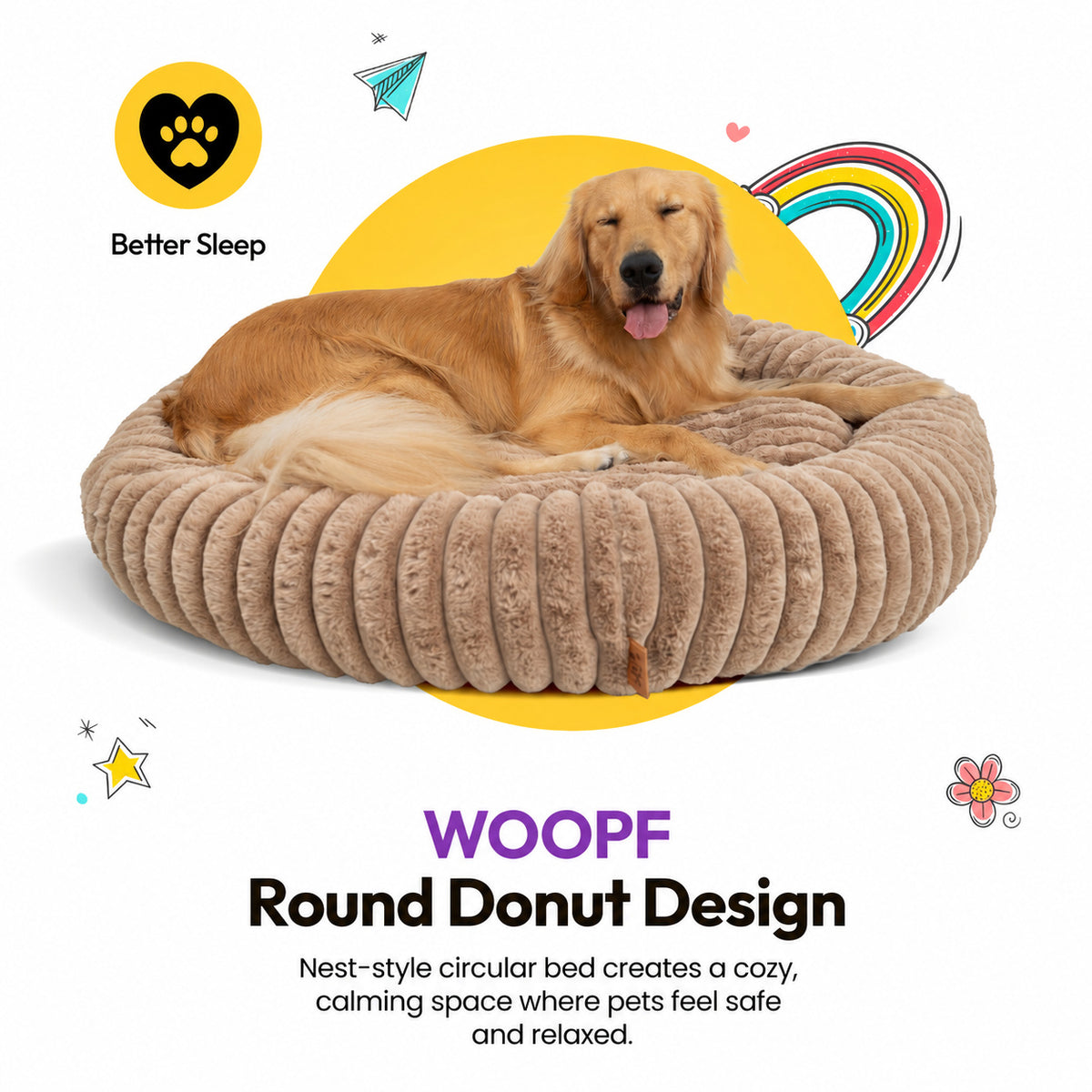 Brown | Furry Corduroy Round Bed: Golden retriever lying in the Brown bed, headed WOOPF Round Donut Design